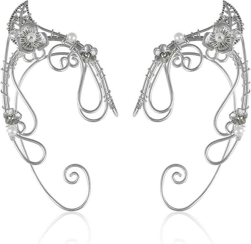 Yolmina Elven Ear Cuffs for Women, Handmade Elf Fairy Earrings Cuff Wrap Clip-on Filigree Earrings for Fantasy Fairy Halloween Costume, Cosplay, Wedding, Handcraft (Silver) - Image 1